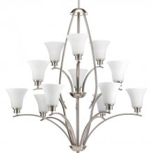  P4497-09 - Joy Collection Twelve-Light Brushed Nickel Etched White Inside Glass Traditional Chandelier Light