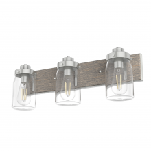  48020 - Hunter Devon Park Brushed Nickel and Grey Wood with Clear Glass 3 Light Bathroom Vanity Wall Light