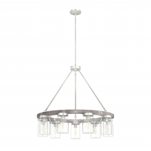  19246 - Hunter Devon Park Brushed Nickel and Grey Wood with Clear Glass 9 Light Chandelier Ceiling Light